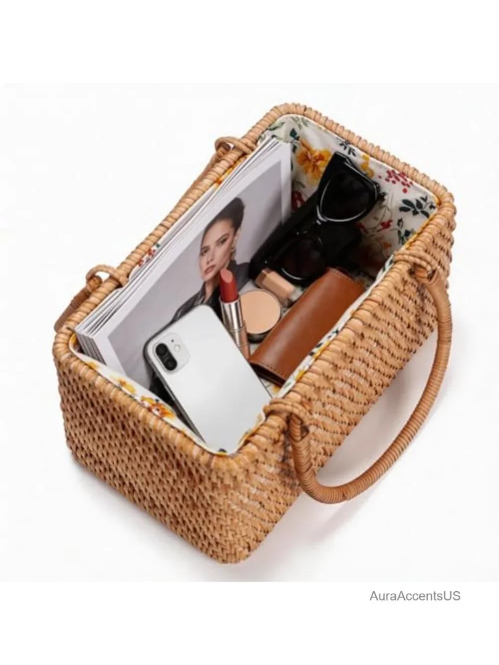 Rattan Wicker Handbag with Drawstring Closure, Summer Beach Bag for Travel